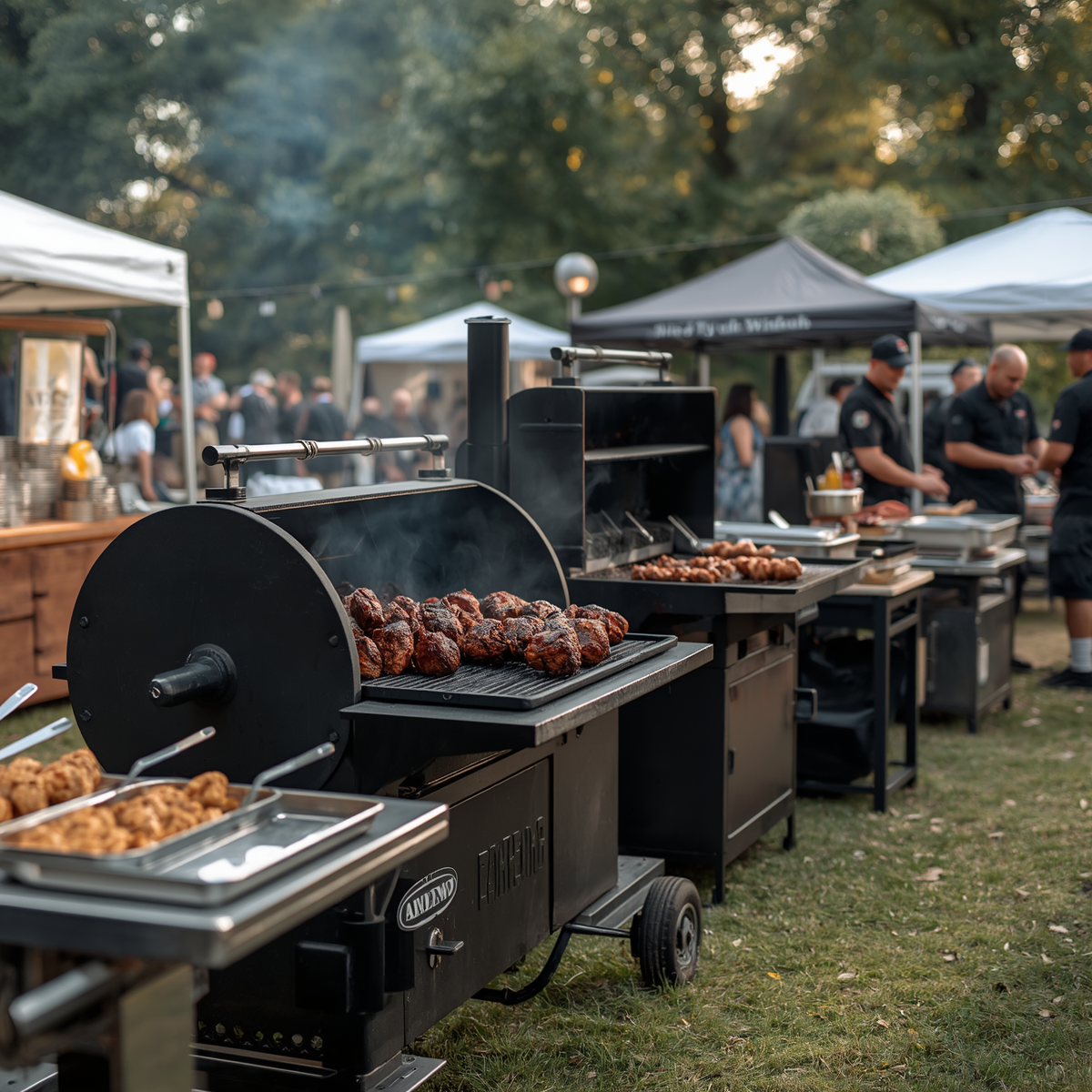 Outdoor barbecue setup with smokers and trays of grilled meat at a market or festival