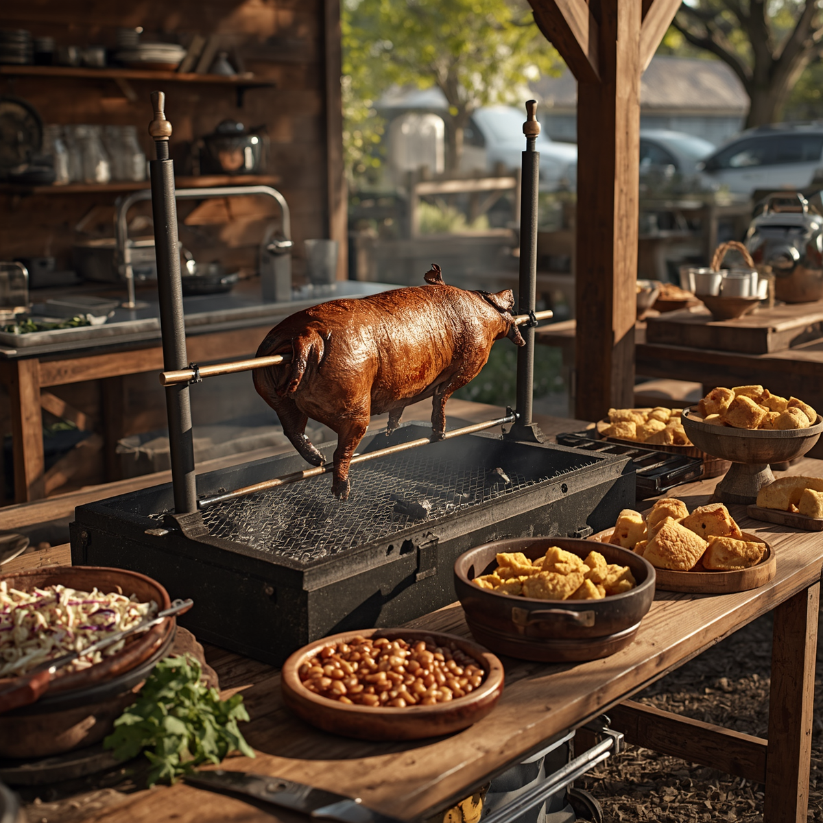 Roasted whole pig on a spit at an outdoor buffet table with bowls of side dishes