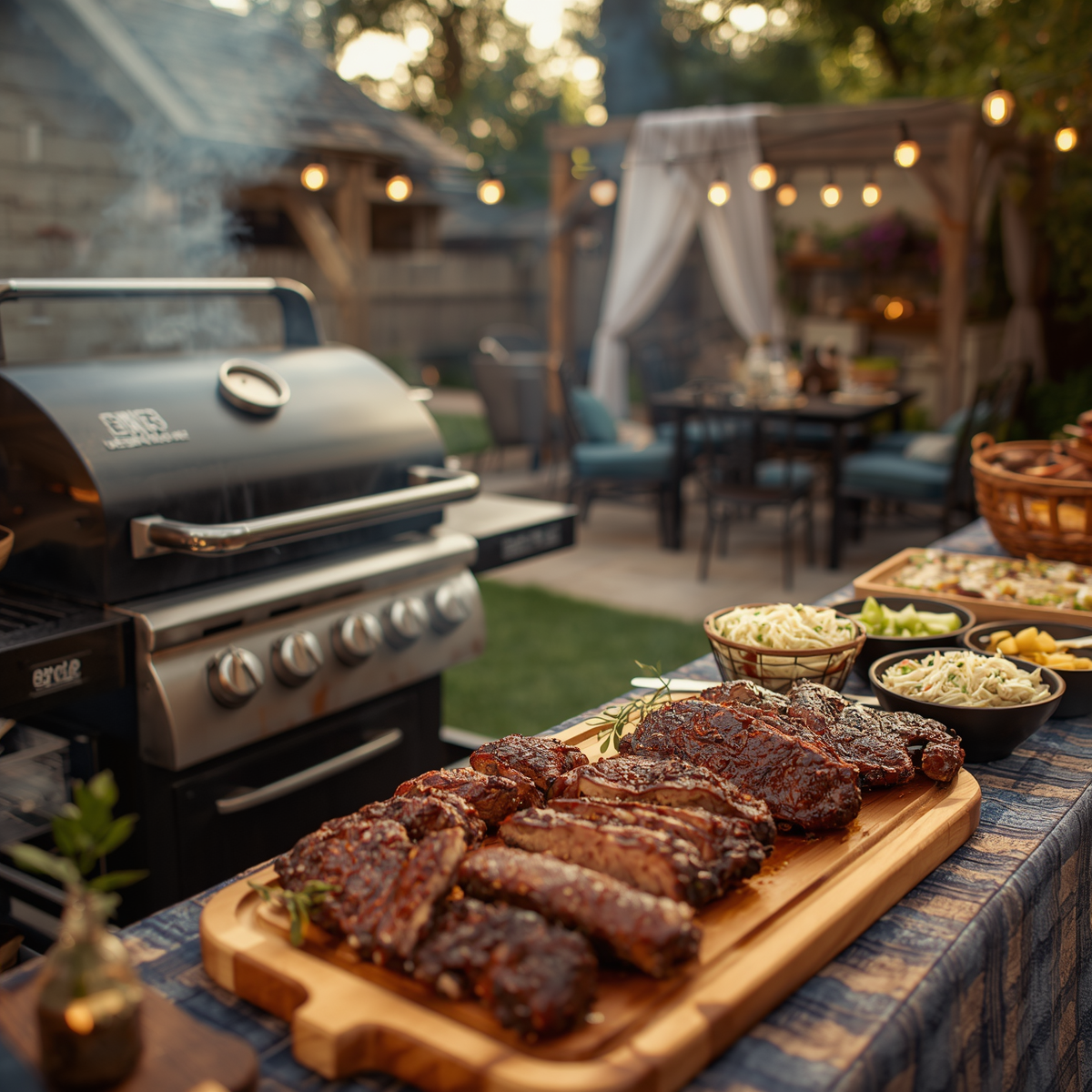 Outdoor barbecue with grilled steaks on a wooden board beside a lit gas grill and patio table set with side dishes