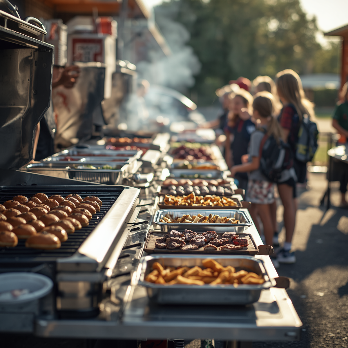 Outdoor buffet with trays of grilled food and pastries, with people standing in line nearby
