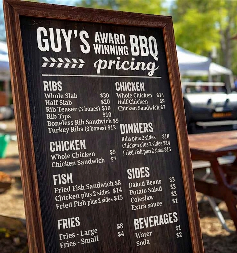 Guy’s Award Winning BBQ menu board outdoors with listed meats, sides, and prices