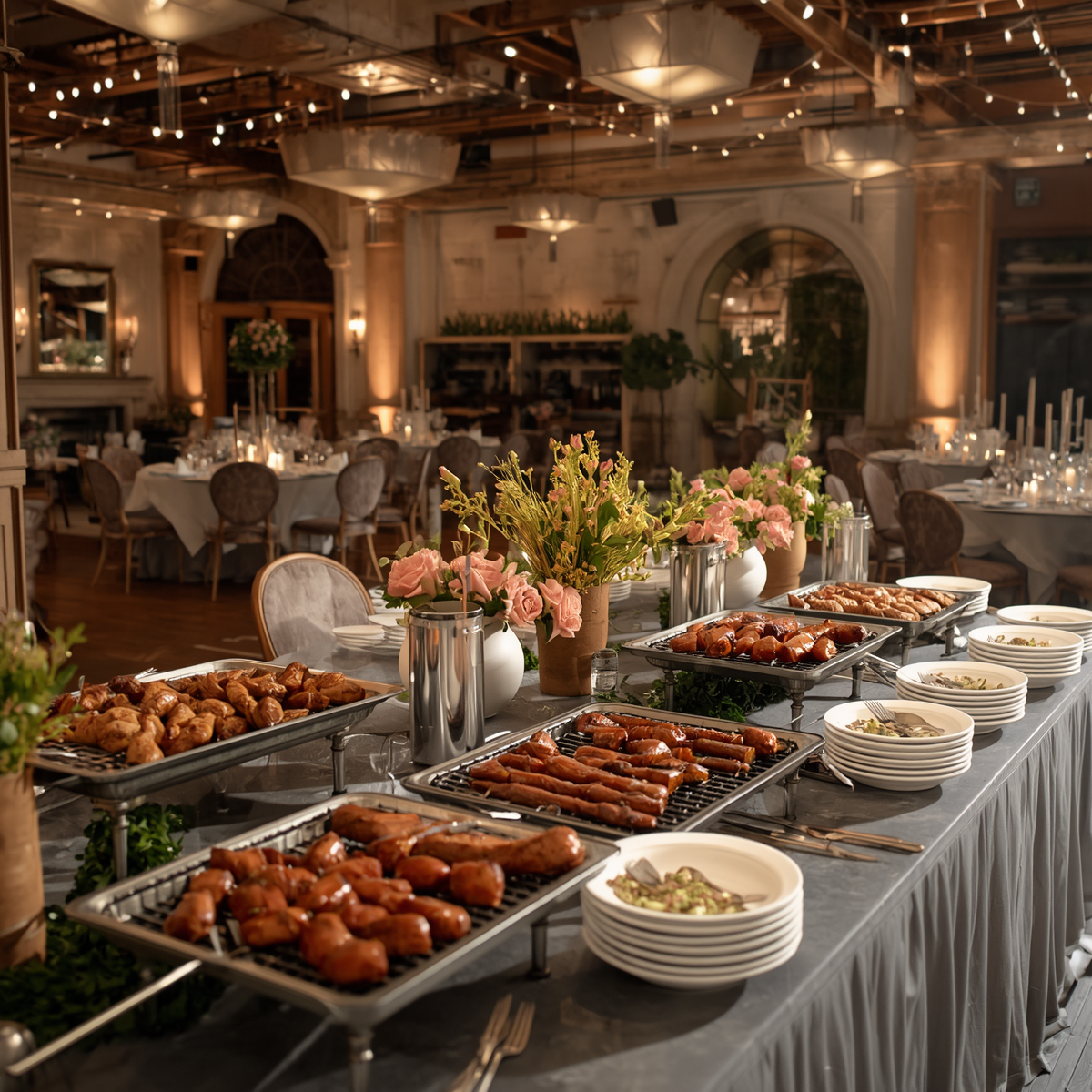 Elegant buffet table with roasted dishes, pastries, and floral arrangements in a warmly lit banquet hall