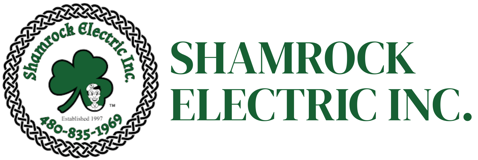 Shamrock Electric Inc. logo with a green shamrock and a Celtic knot border; company name in green.