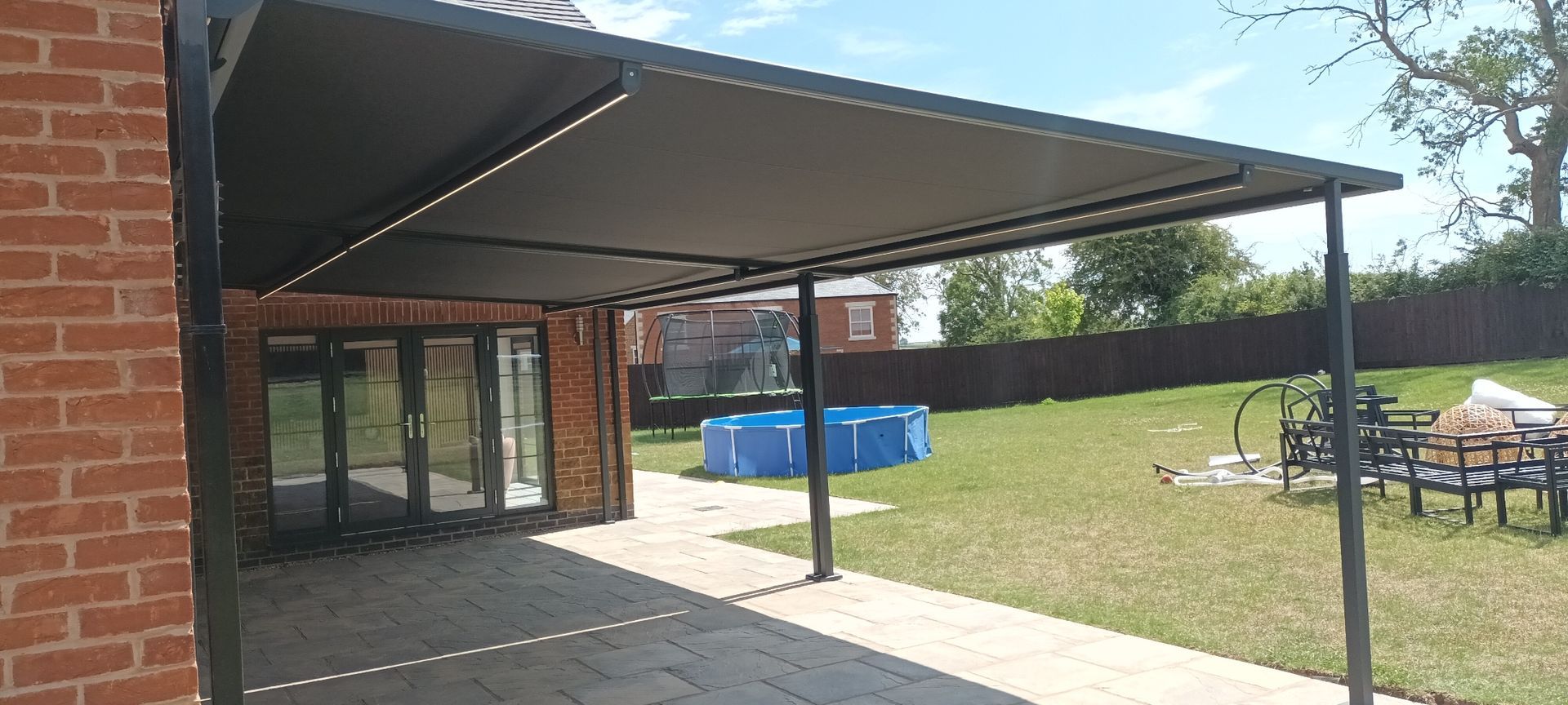 Awnings with legs, framed awnings, pergola awnings.
