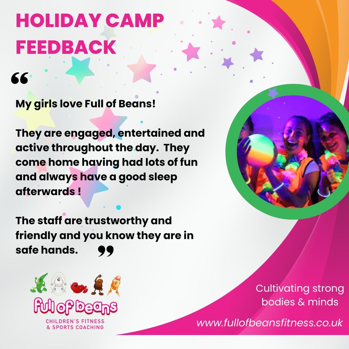 A flyer for a holiday camp that says my girls love full of beans