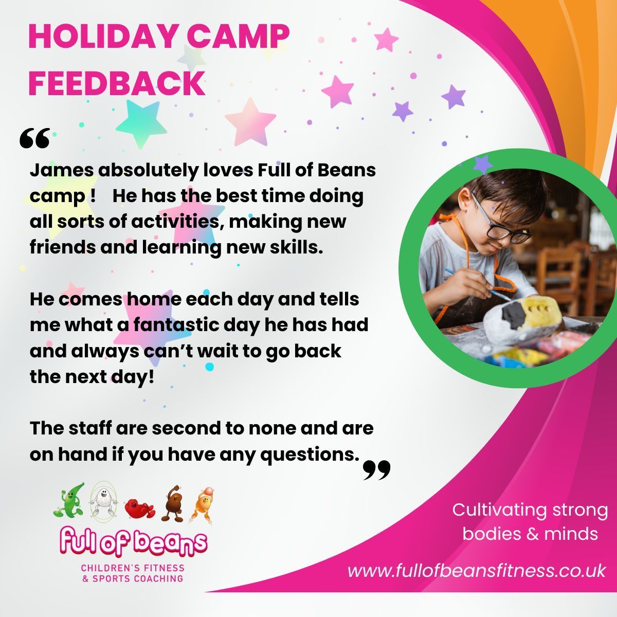 A poster for a holiday camp with a quote from james