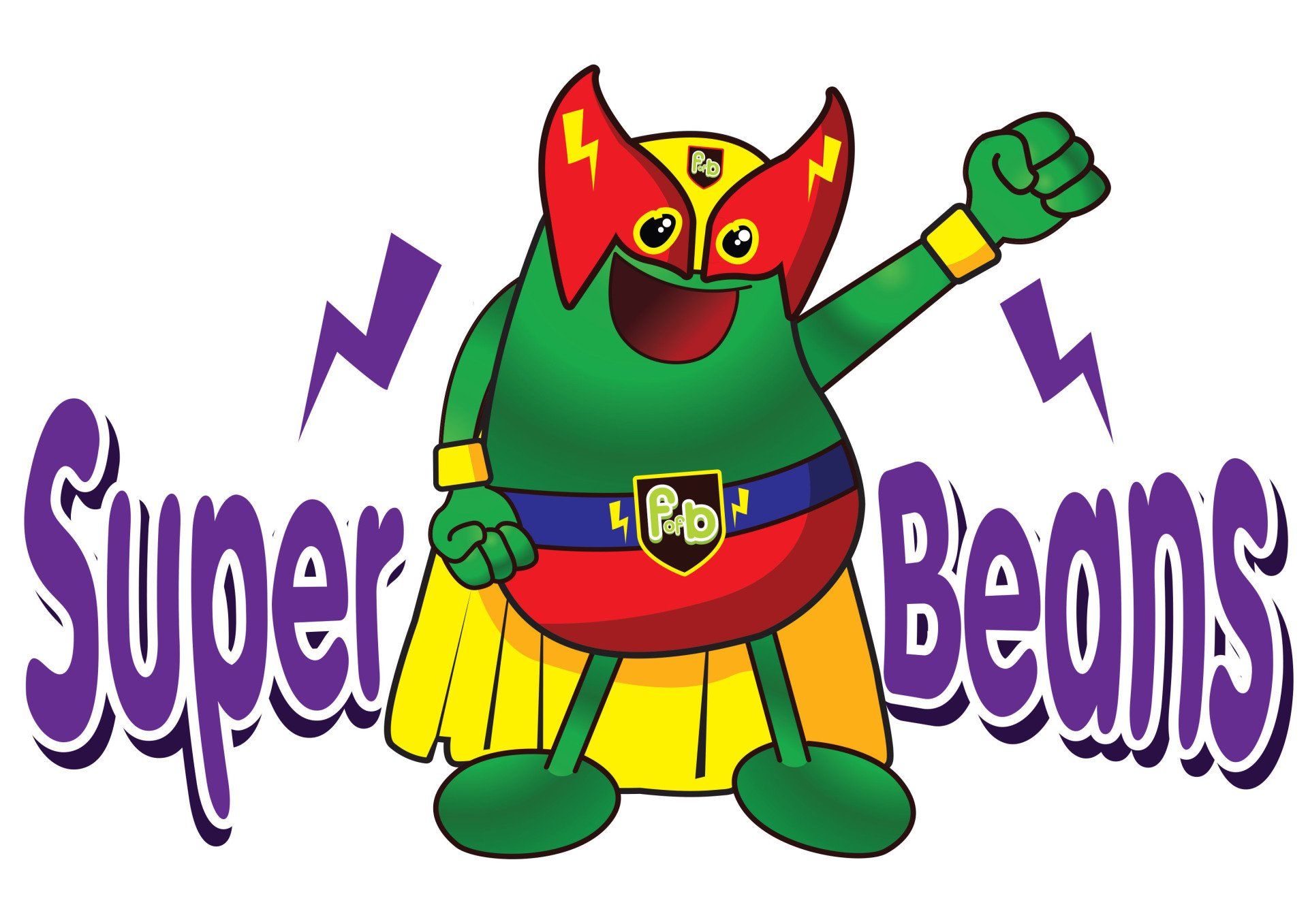 The logo for super beans shows a cartoon character in a superhero costume