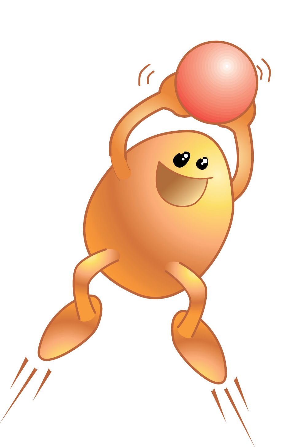 A cartoon character is jumping in the air while holding a red ball