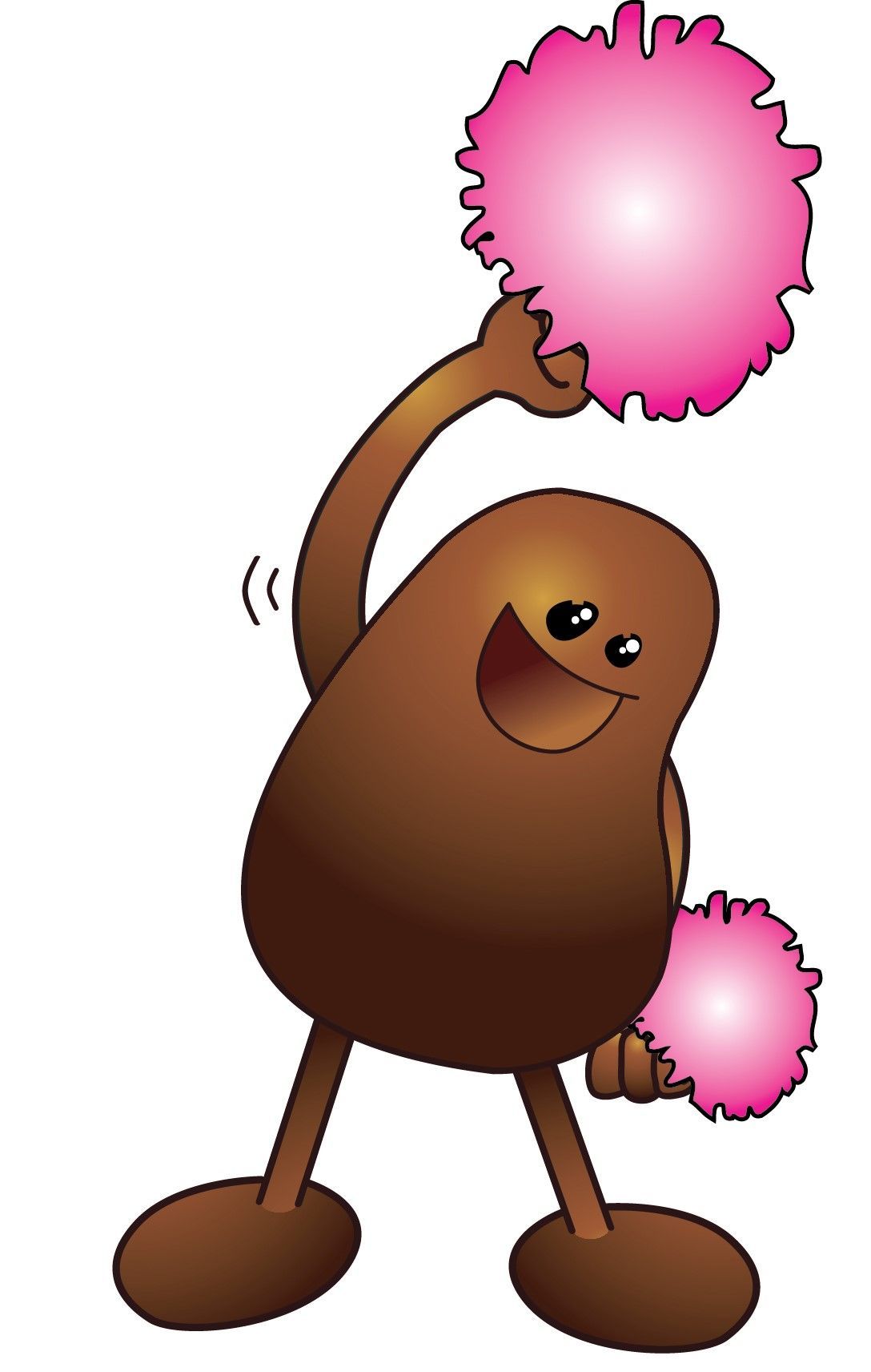 A brown cartoon character is cheering with pink pom poms