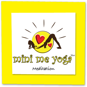 A yellow and white logo for mini me yoga meditation