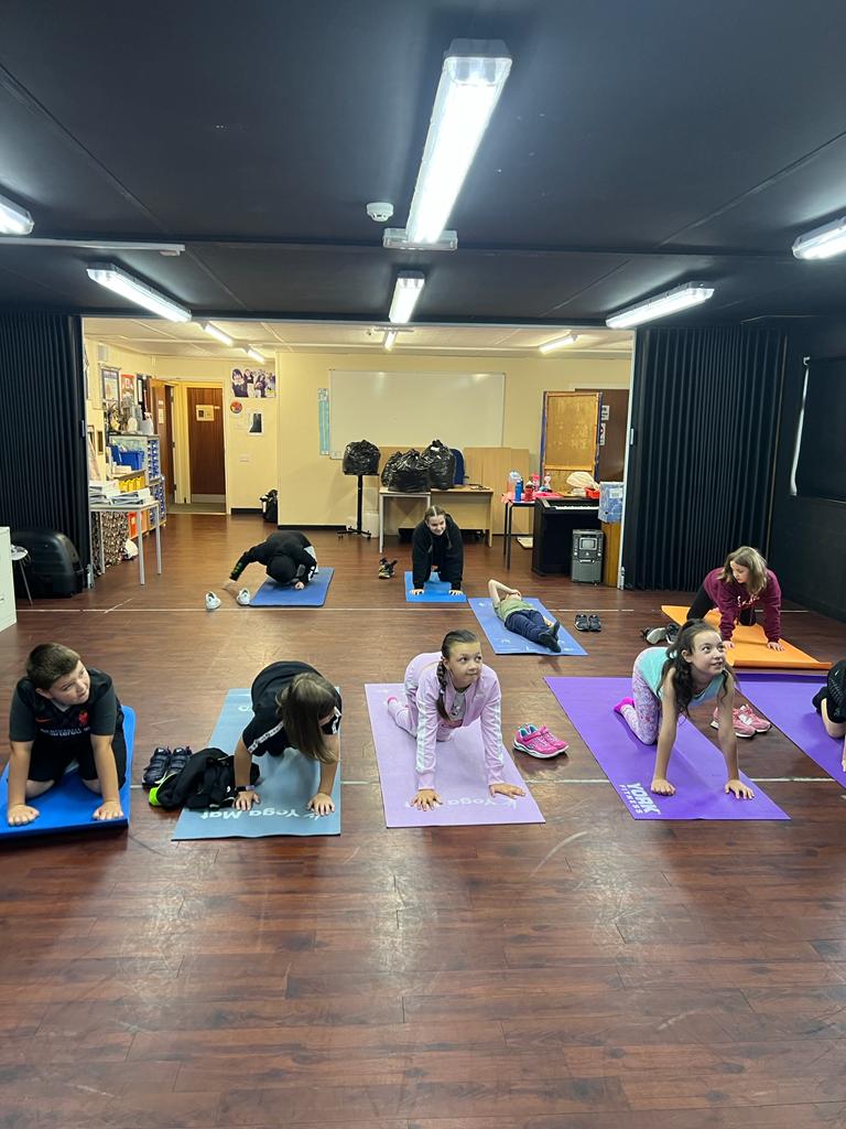 A group of people are sitting on yoga mats in a room.