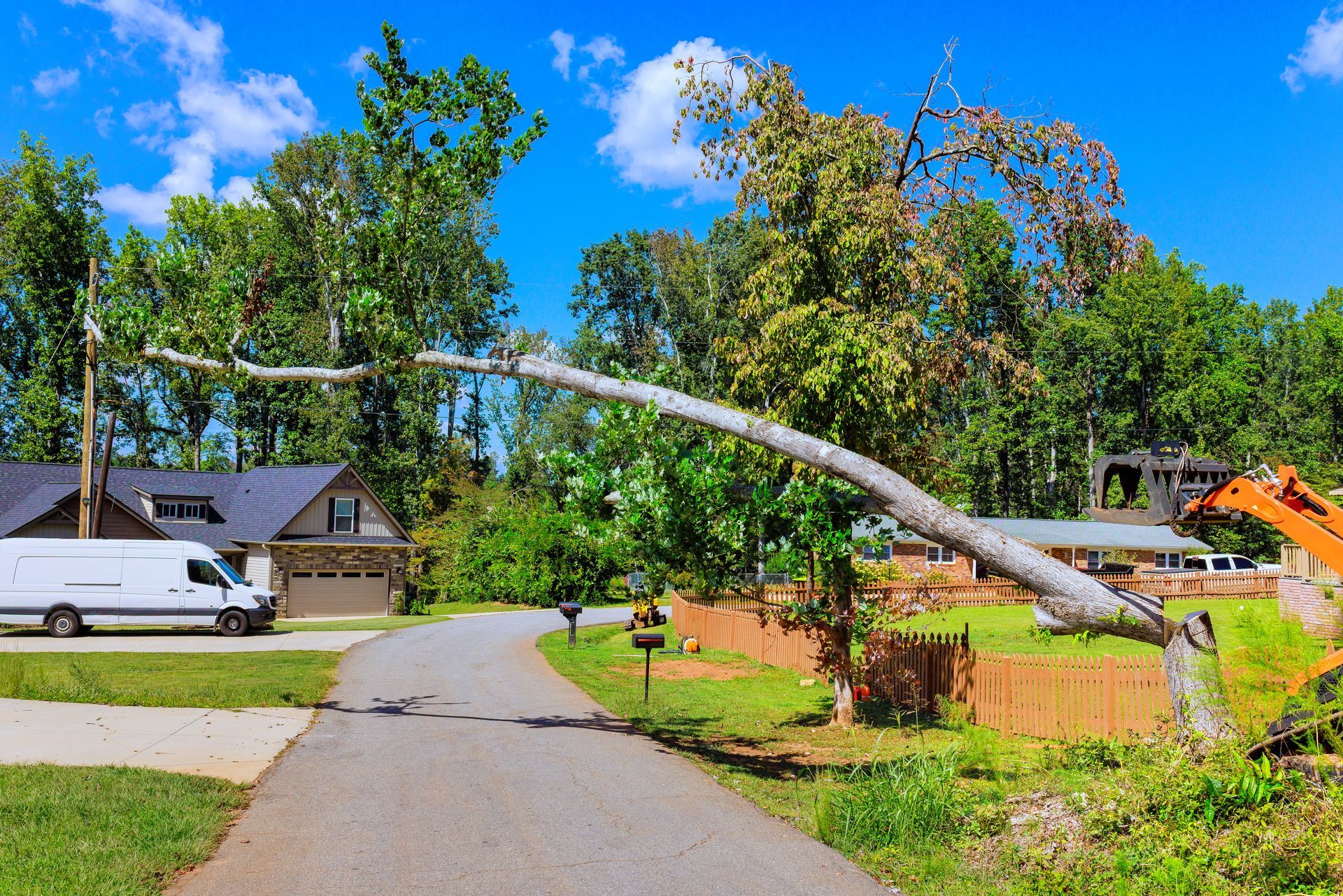 A leaning tree hangs over a neighborhood road as crews work nearby to remove it safely.