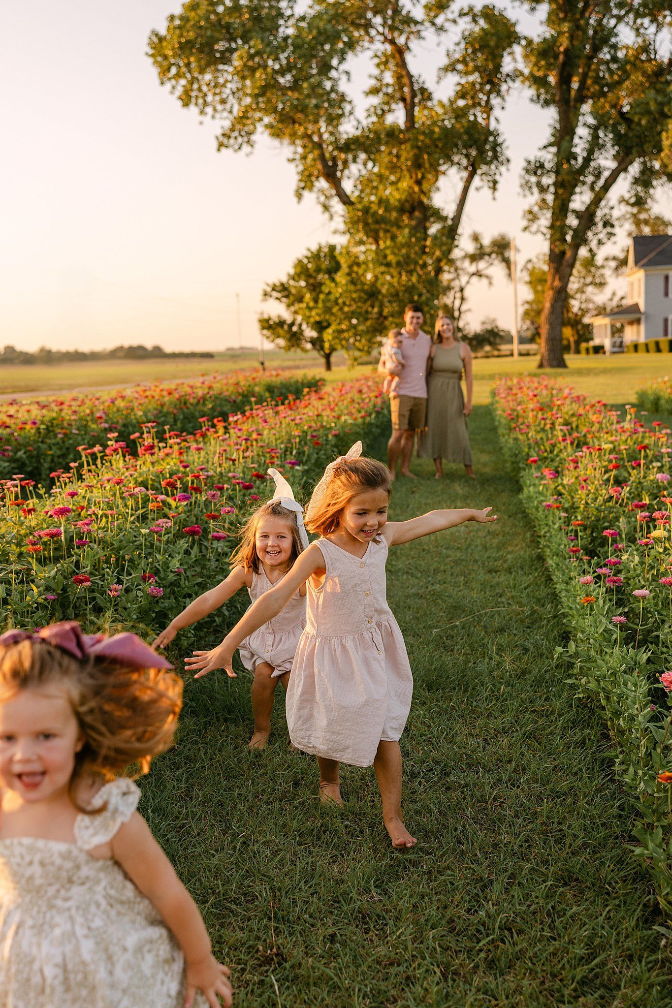 Three young girls run through a flower field, toward a couple standing in the distance. Golden light.