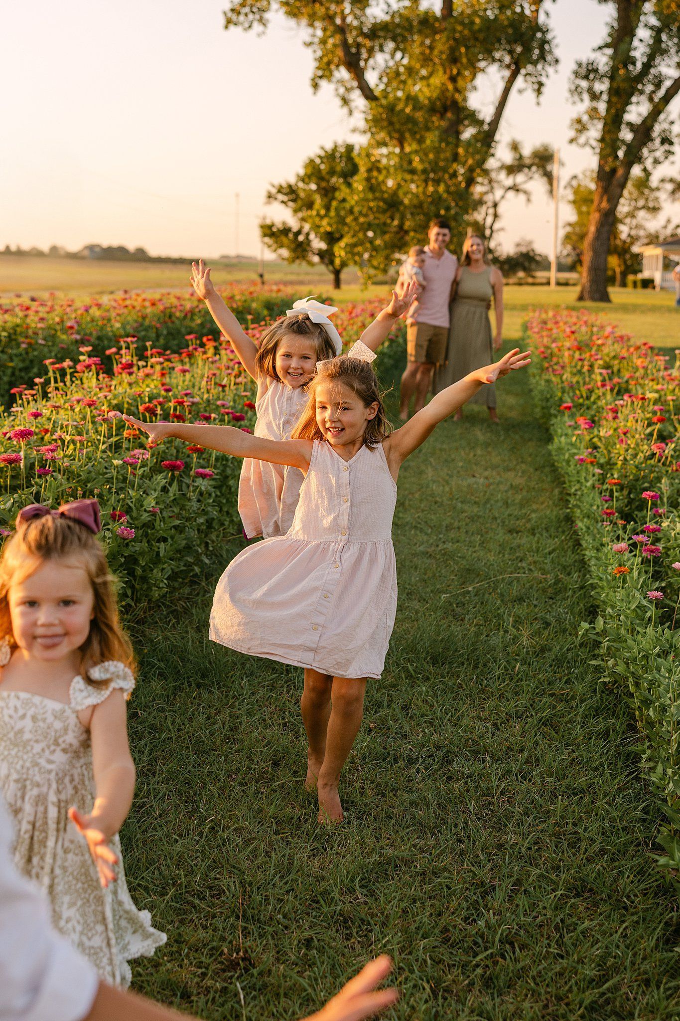 Three young girls run happily through a flower field toward their parents. Golden light.