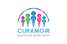 Curamoir Healthcare Recruitment logo with colorful abstract people under an arc