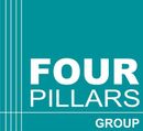 Four Pillars Group logo on teal background with white text and vertical lines
