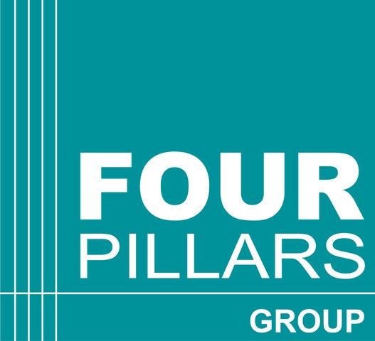 Four Pillars Group logo on teal background with white text and vertical lines