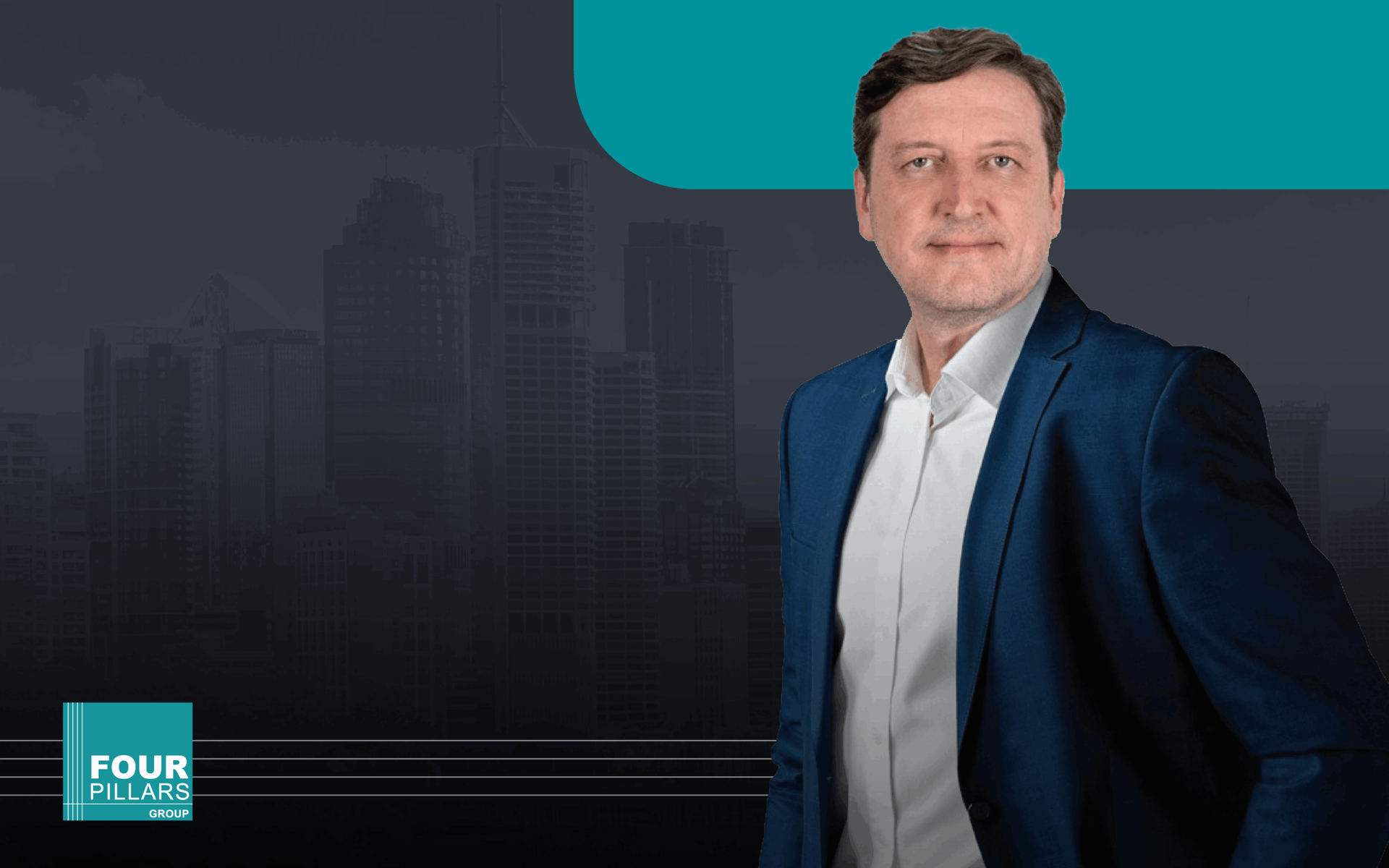 Man in a navy suit on a dark cityscape background with teal accents and a FOUR logo
