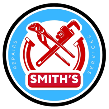 Circular logo for Smith's Services: red crossed wrenches, blue and white background, black border, text 