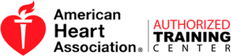 American Heart Association Authorized Training Center logo. Red heart with flame, black text, red text.