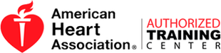 American Heart Association Authorized Training Center logo. Red heart with flame, black text, red text.