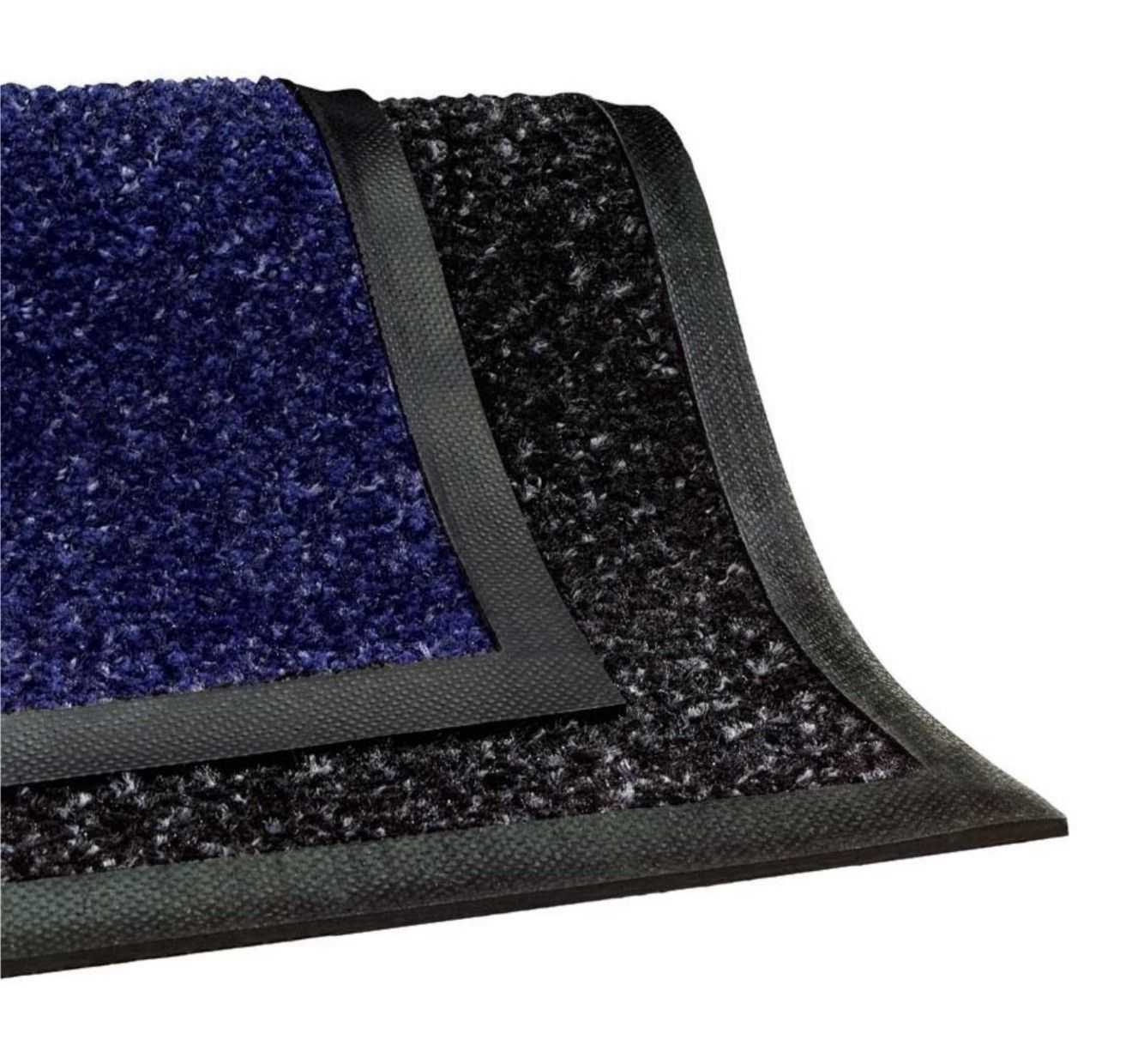 A blue and black rug with a black rubber border