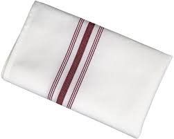 A white towel with red stripes on it on a white background.