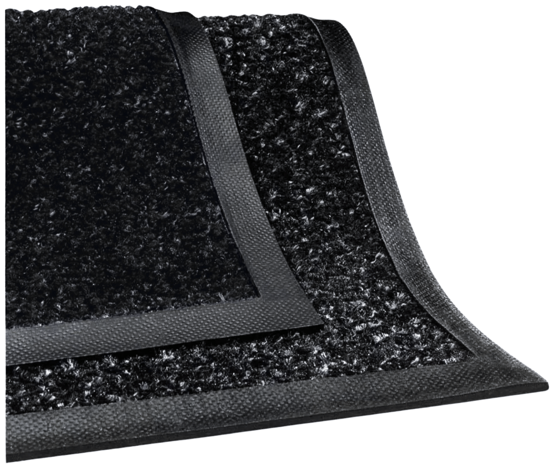 A blue and black rug with a black rubber border