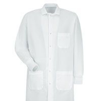 A white lab coat with long sleeves and pockets on a white background.