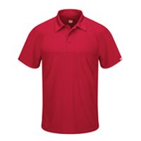 A red polo shirt with short sleeves on a white background.