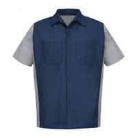 A blue and gray work shirt with short sleeves on a white background.