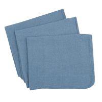 Three blue napkins are stacked on top of each other on a white background.