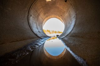 Looking out of a concrete pipe into a body of water.