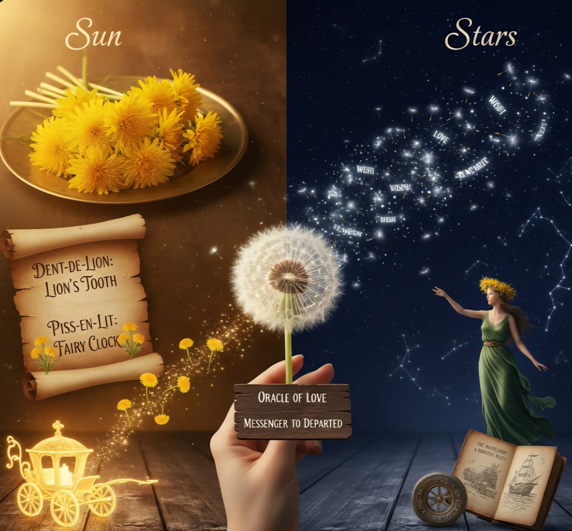 Artistic collage of dandelions as the sun, moon, and stars with a golden chariot & vintage folklork.