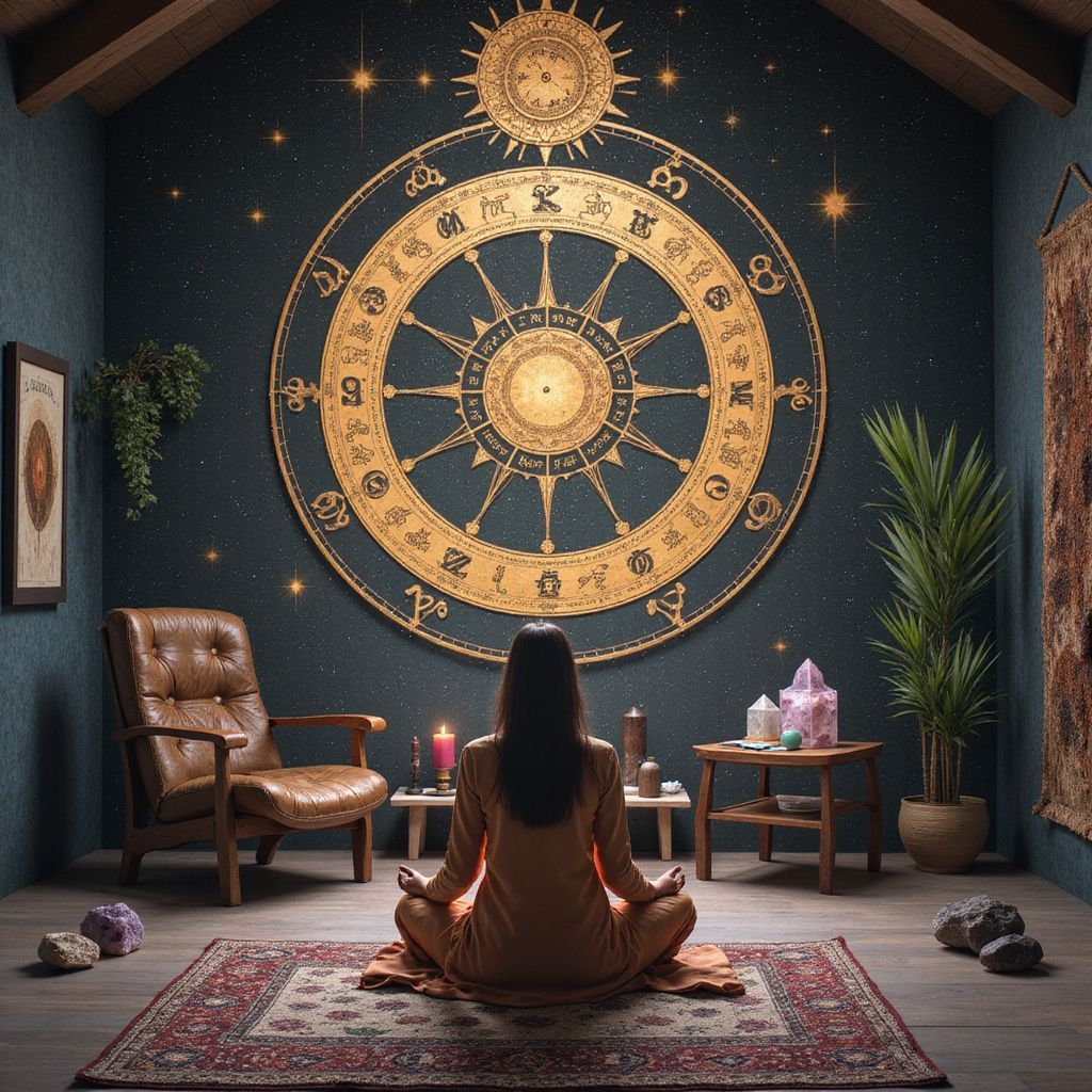 Woman meditating in a dimly lit room with a zodiac wheel, crystals, and plants.