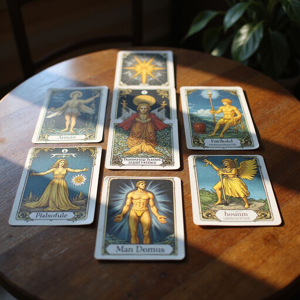 Tarot card spread on a wooden table, featuring colorful illustrations of figures and symbols. Sunlight.