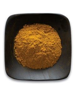 A black bowl filled with yellow powder on a white background.