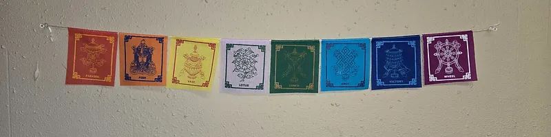 A row of colorful cards are lined up on a wall.