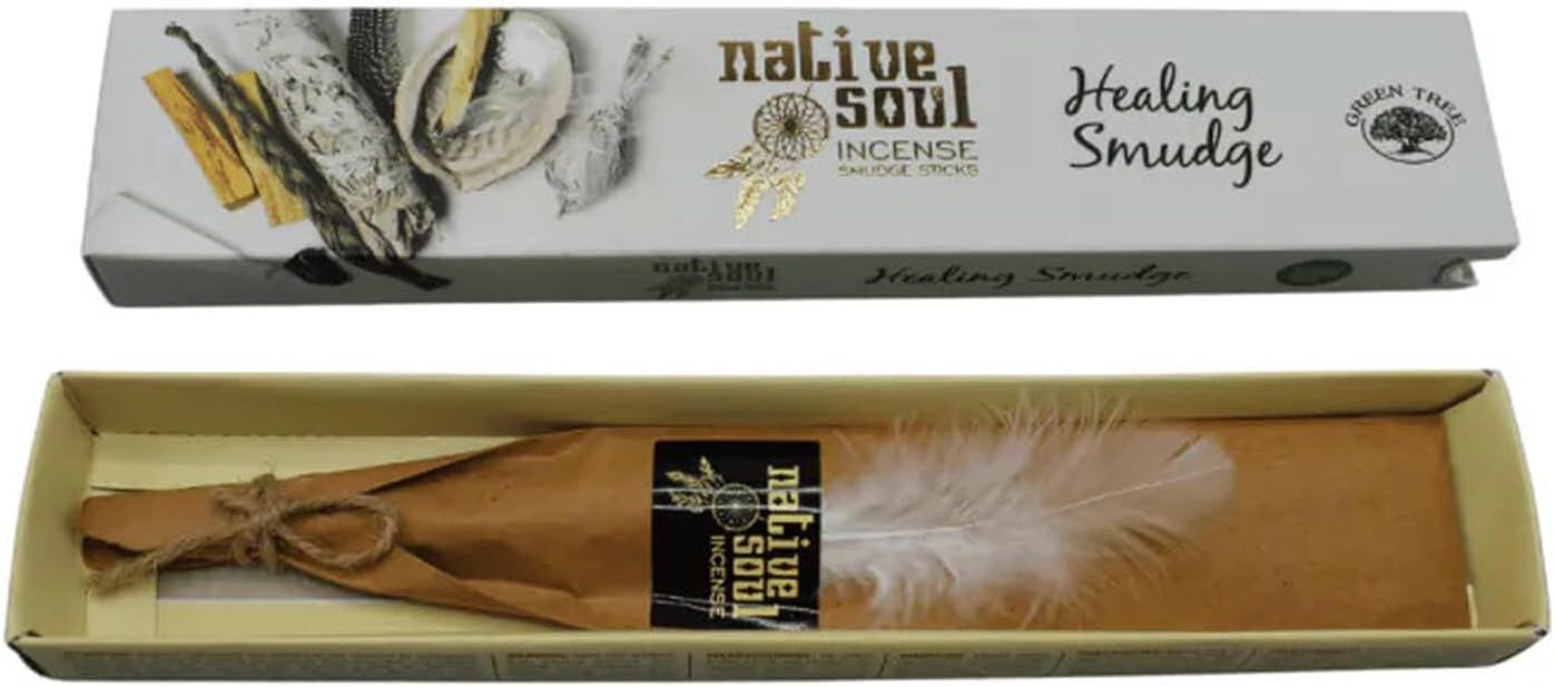 A box of native soul incense with a feather in it