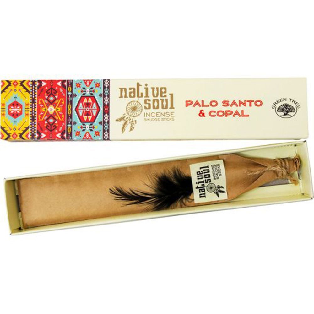 Native soul palo santo and copal incense sticks in a box