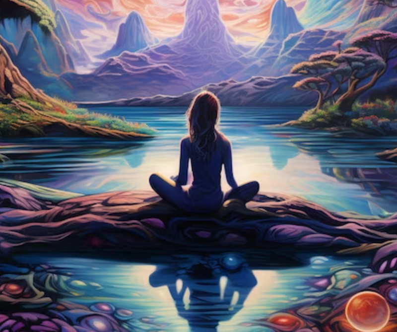 A woman is sitting in a lotus position with her eyes closed