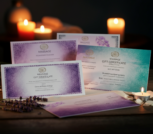 A set of massage certificates are on a table with candles