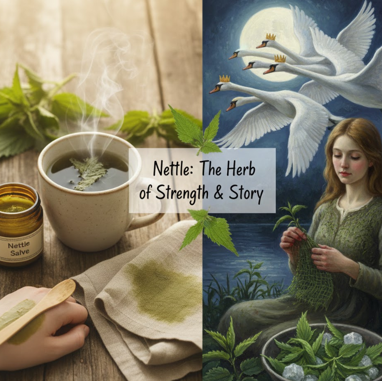 A split-screen image titled 'Nettle: The Herb of Strength & Story.' 