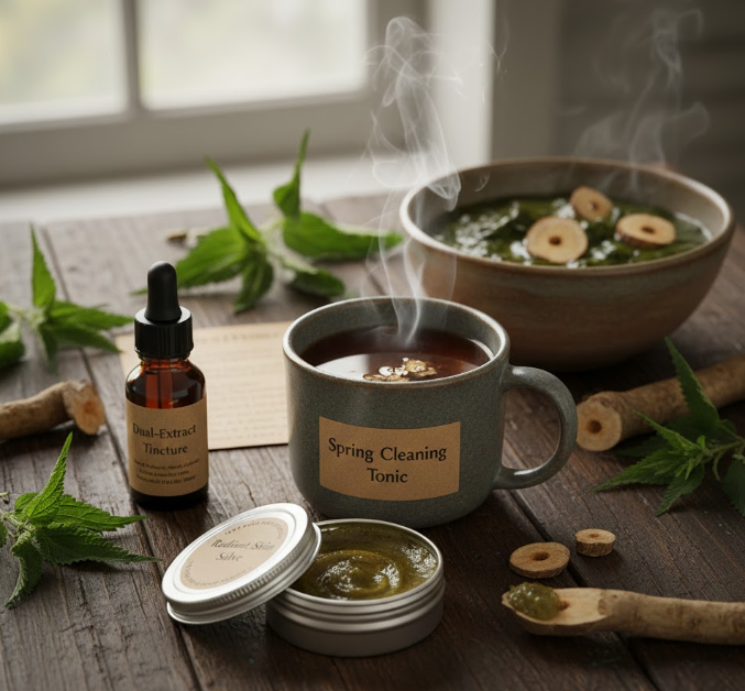 An artisanal spread of Burdock and Nettle remedies, including a 