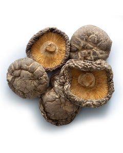 A pile of dried shiitake mushrooms on a white background.