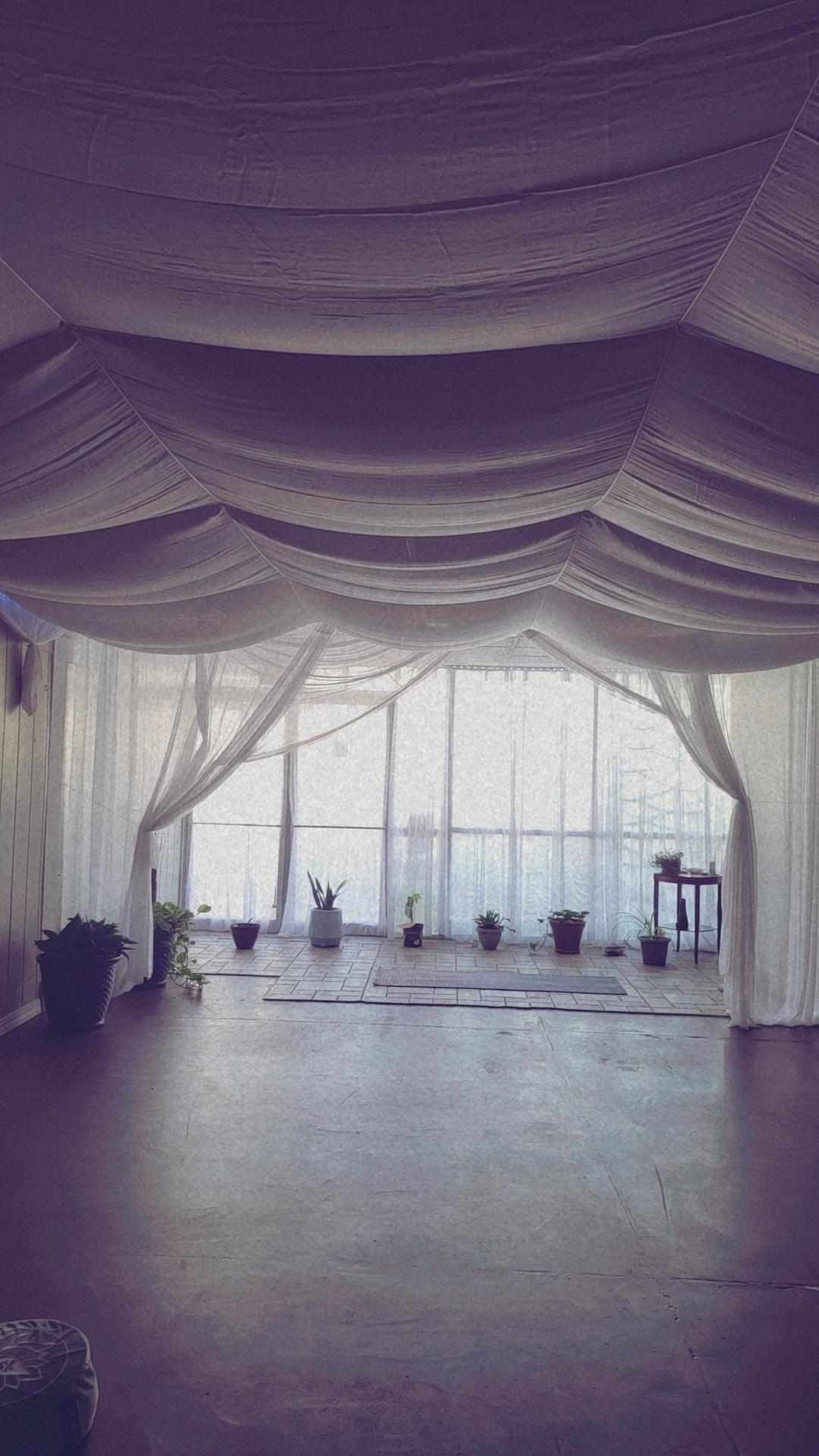 A large room with a lot of windows and a lot of white curtains.