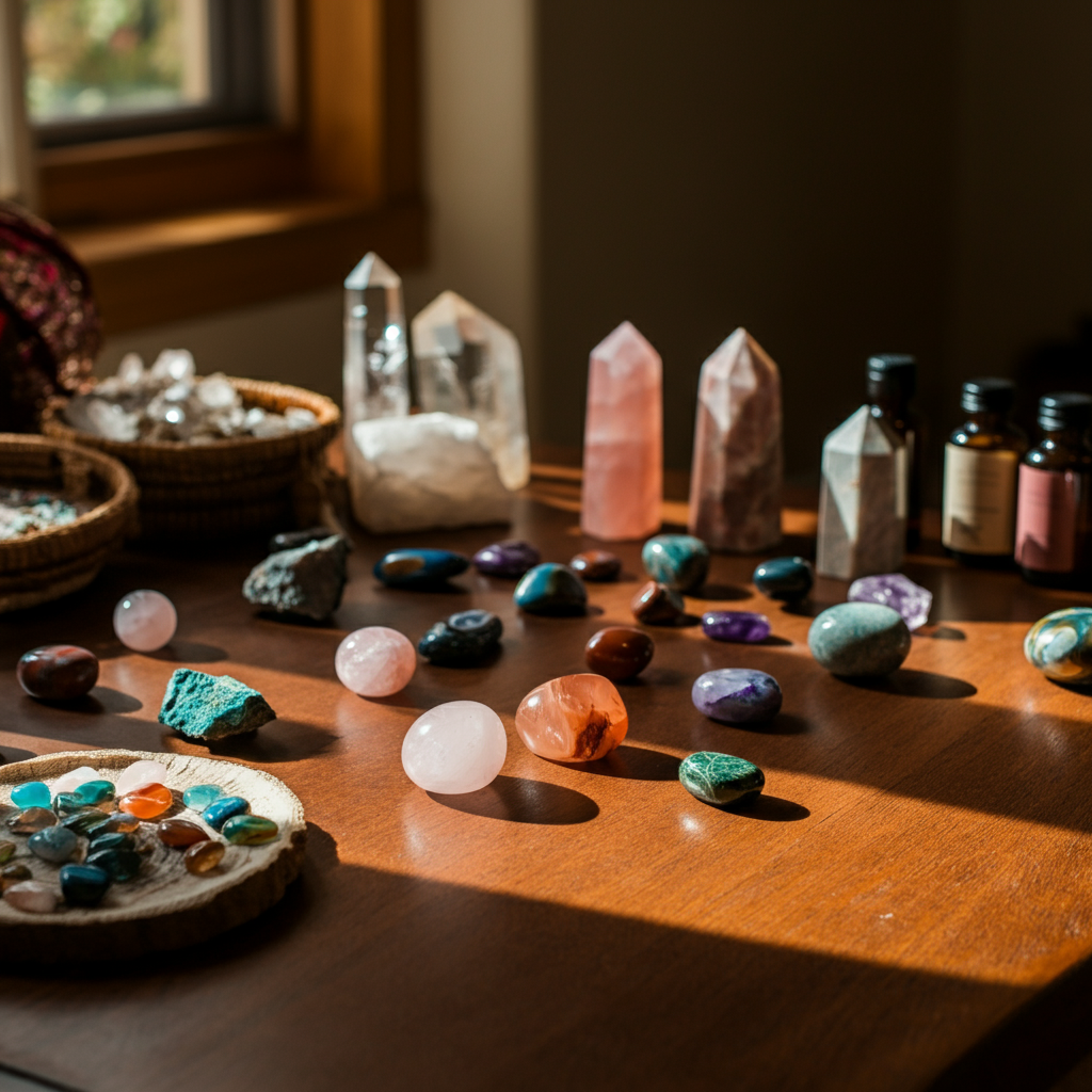 A wooden table filled with crystals and stones