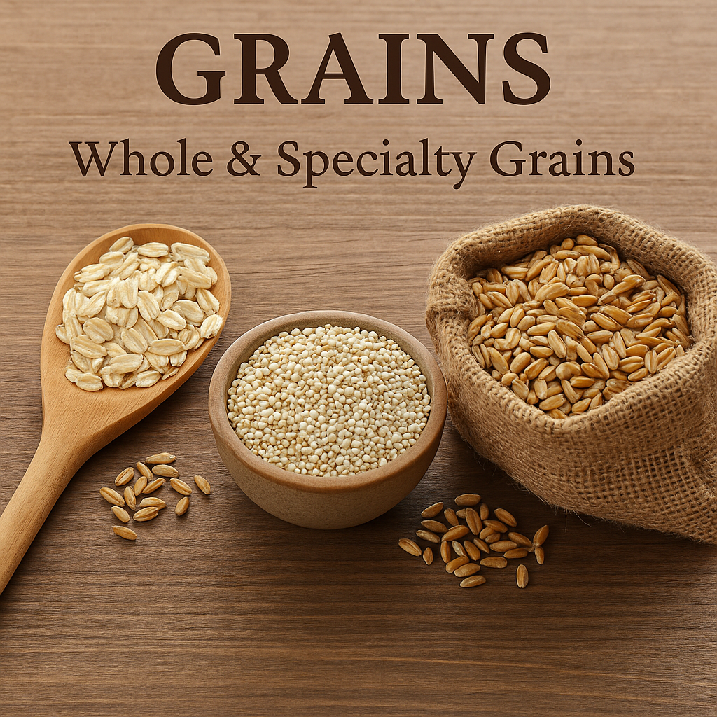 Wooden table with oats, quinoa, and wheat in wooden spoon, bowl, and burlap sack.