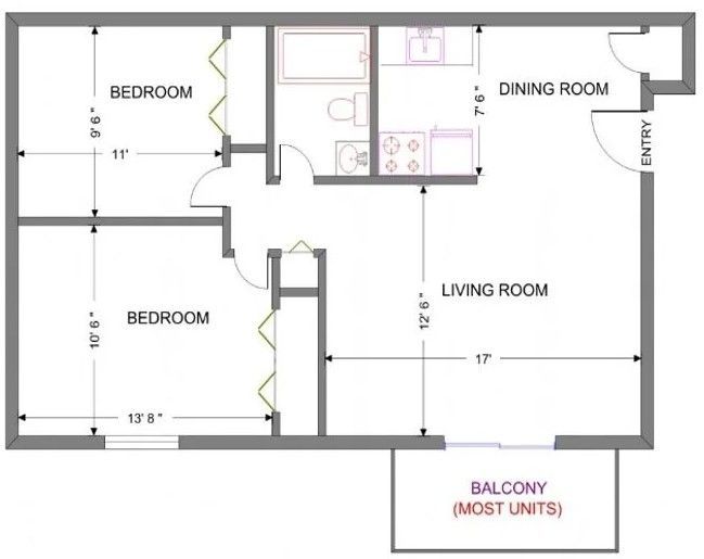 Floor plan: 2 Bed · 1 Bath