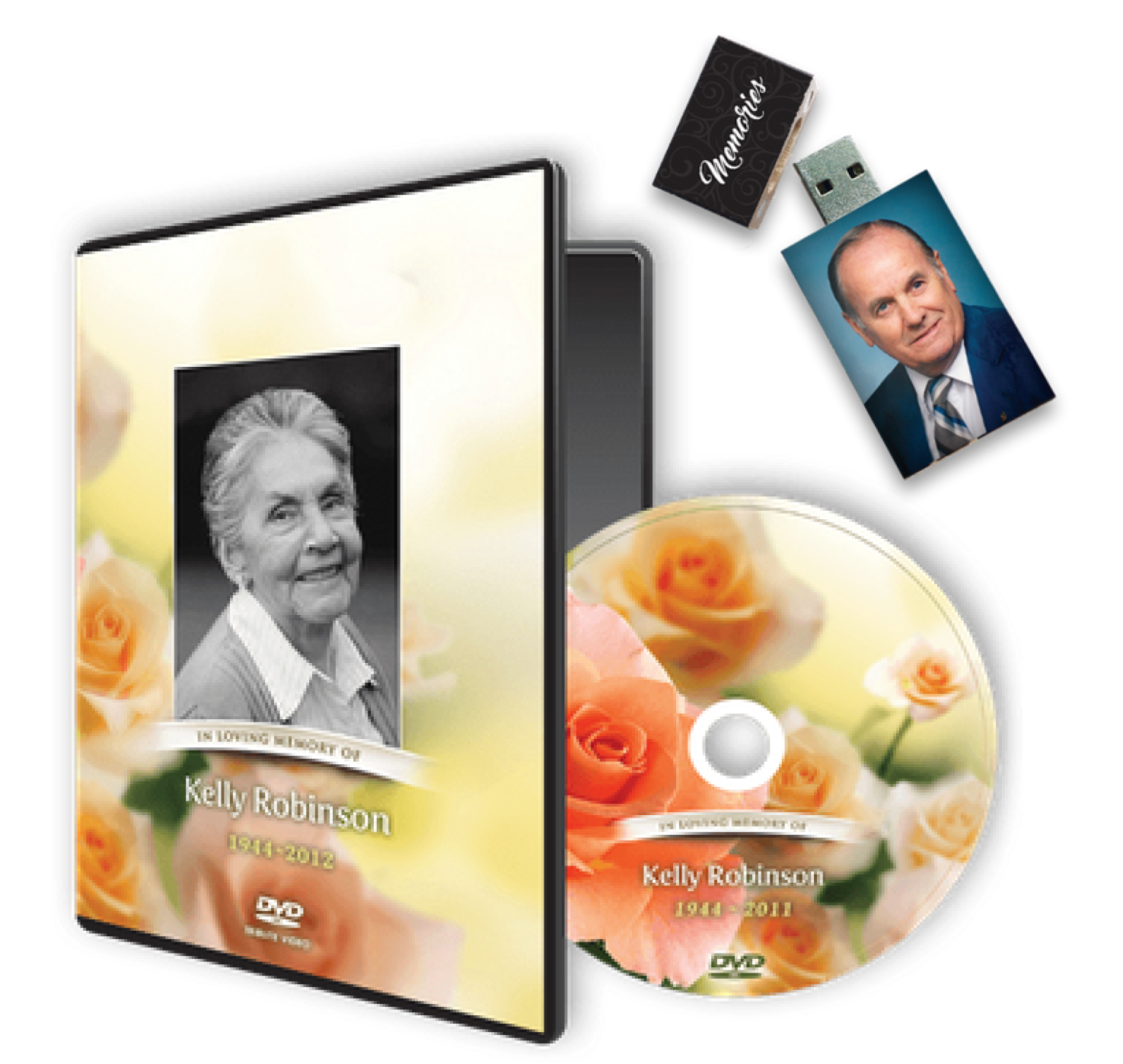 Memorial DVD set with woman's photo, rose backdrop, and USB drive with man's photo.